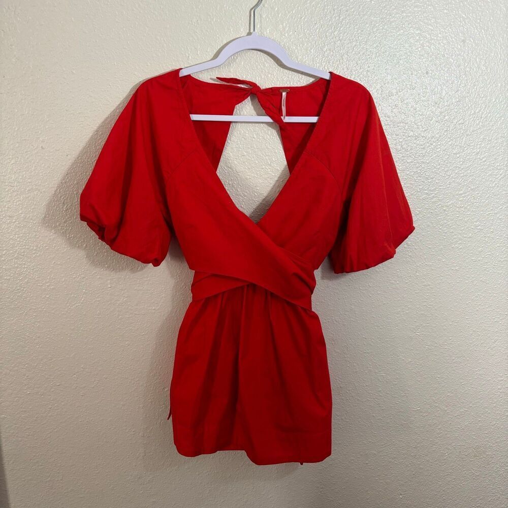 Free People Red Balloon Sleeve Open Back Top & Shorts Set | Size Medium | - Picture 3 of 11